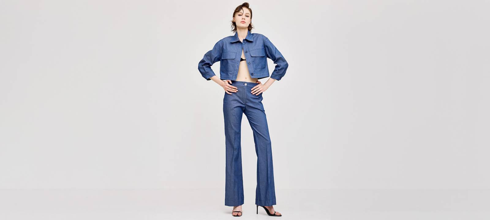 Shop a cropped denim jacket with a collar in blue in London, UK