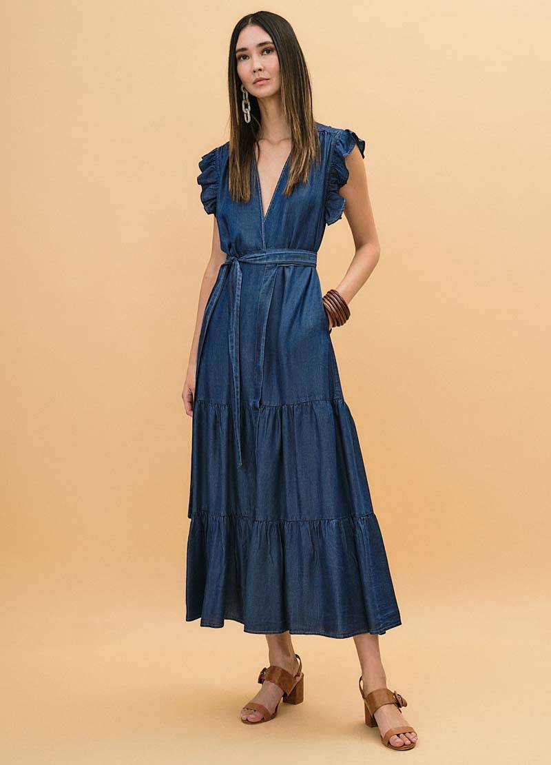Denim long dress with ruffles and tie belt in Cardiff, Wales