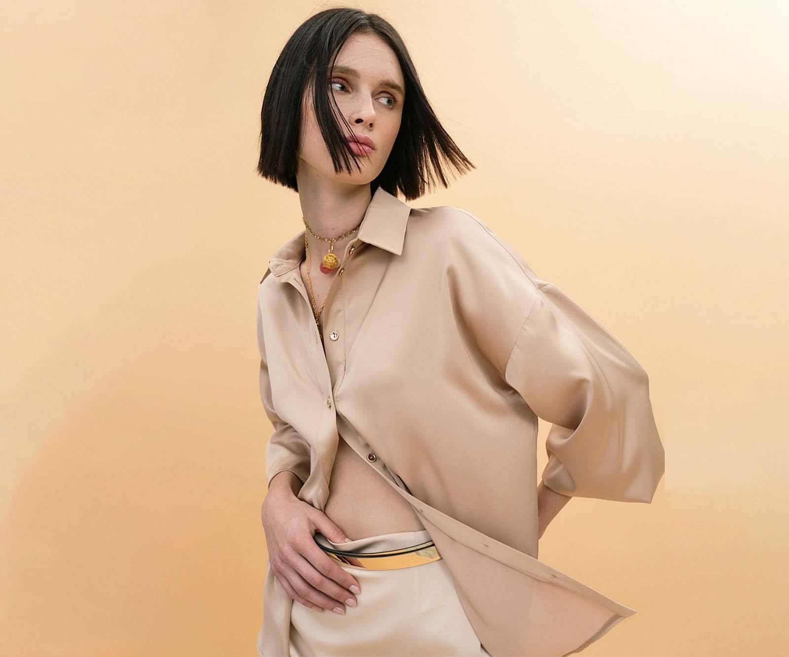 Satin skirt in oversized fit with dropped shoulders in beige in London, UK