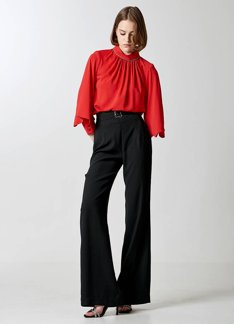 High-neck blouse with rhinestone accents and cut-out wide sleeves in red in Birmingham near Bristol