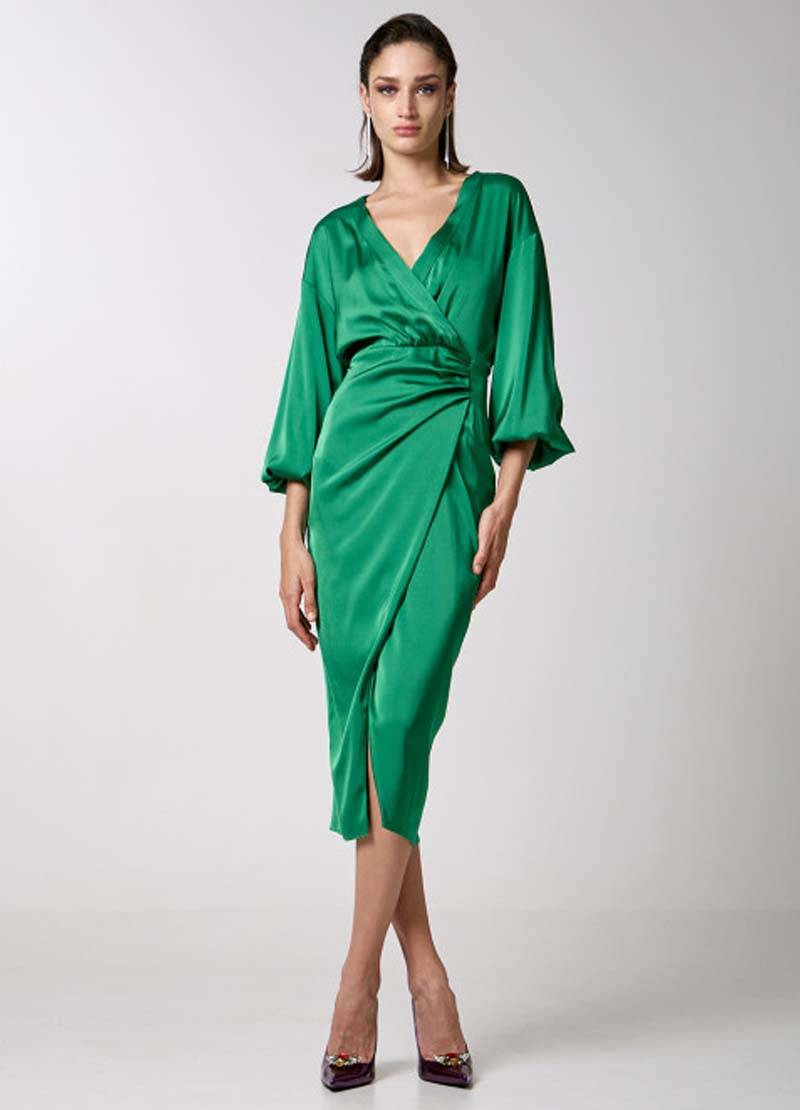 Shop satin midi dress with sleeves 