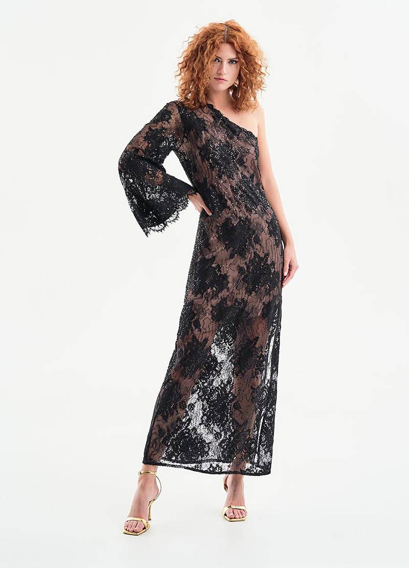Maxi one-shoulder lace dress with a side slit in black in Cardiff, Wales