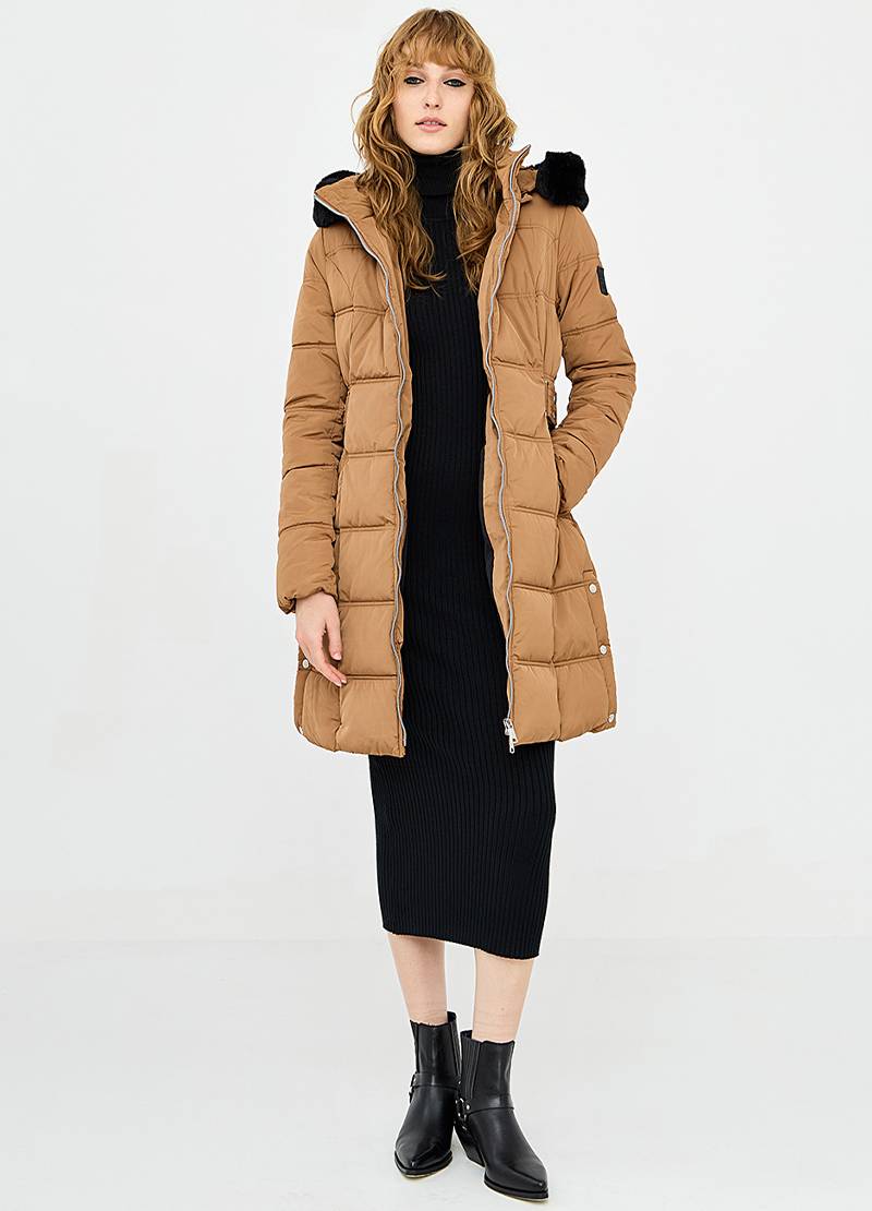 Long puffer jacket with a faux fur detailed removable hood in camel brown in Glasgow near Edinburgh