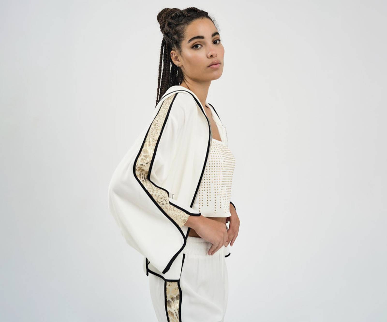 Bomber jacket with leopard-patterned, sequin accents in off-white in Cork near Limerick