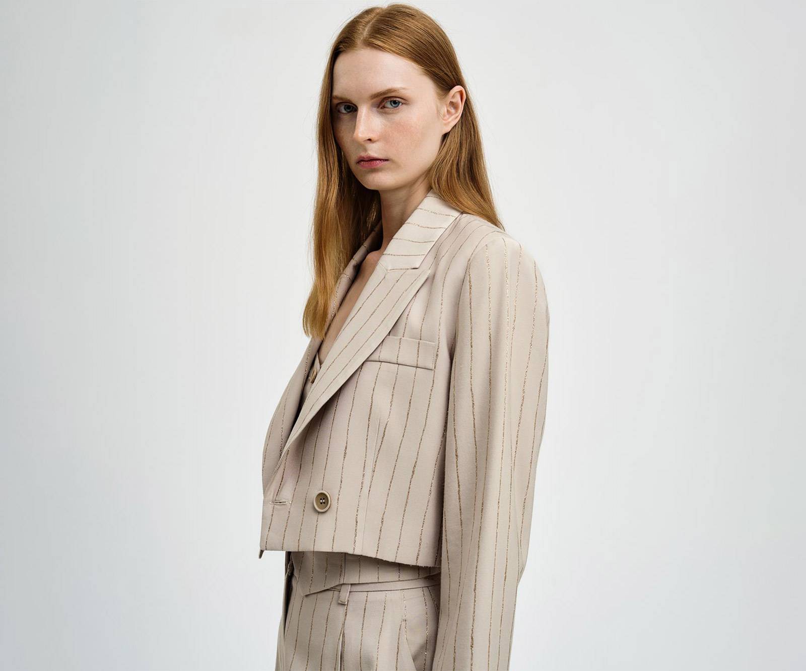Cropped, double-breasted blazer with a glitter-detailed, striped pattern in beige in Copenhagen, Denmark