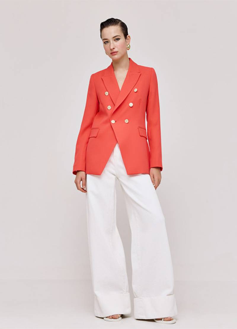 Discover a double-breasted blazer with metallic buttons in red in London UK