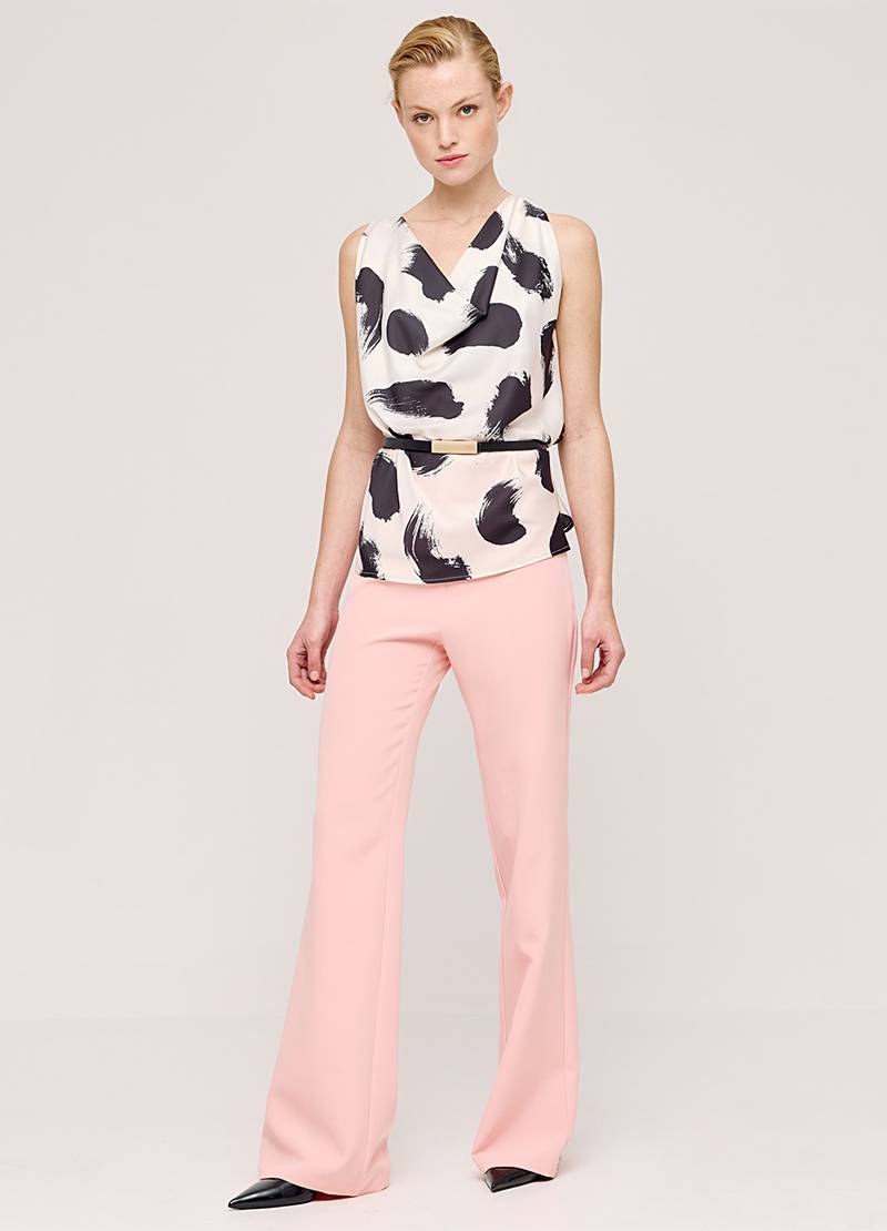 Satin, abstract-printed top with a draped neckline in black & white in Cork, Ireland