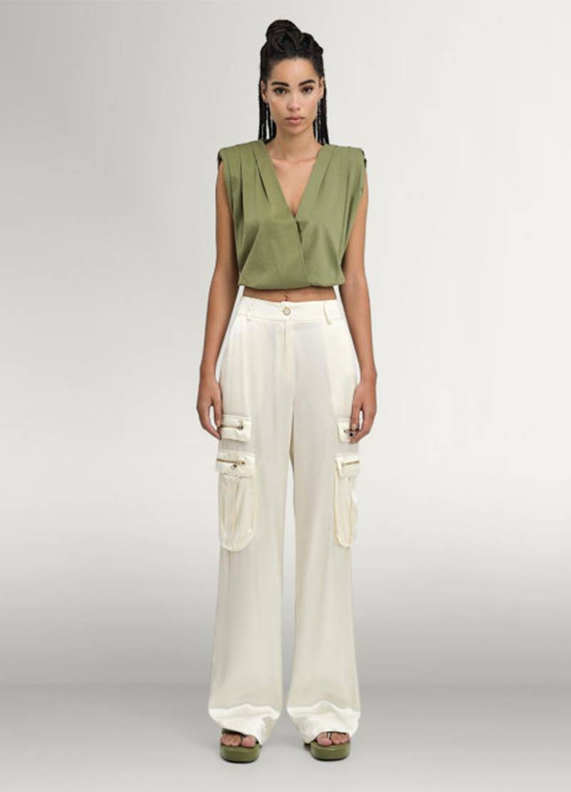 Satin, cargo pants with zipper details in beige in Dublin, Ireland