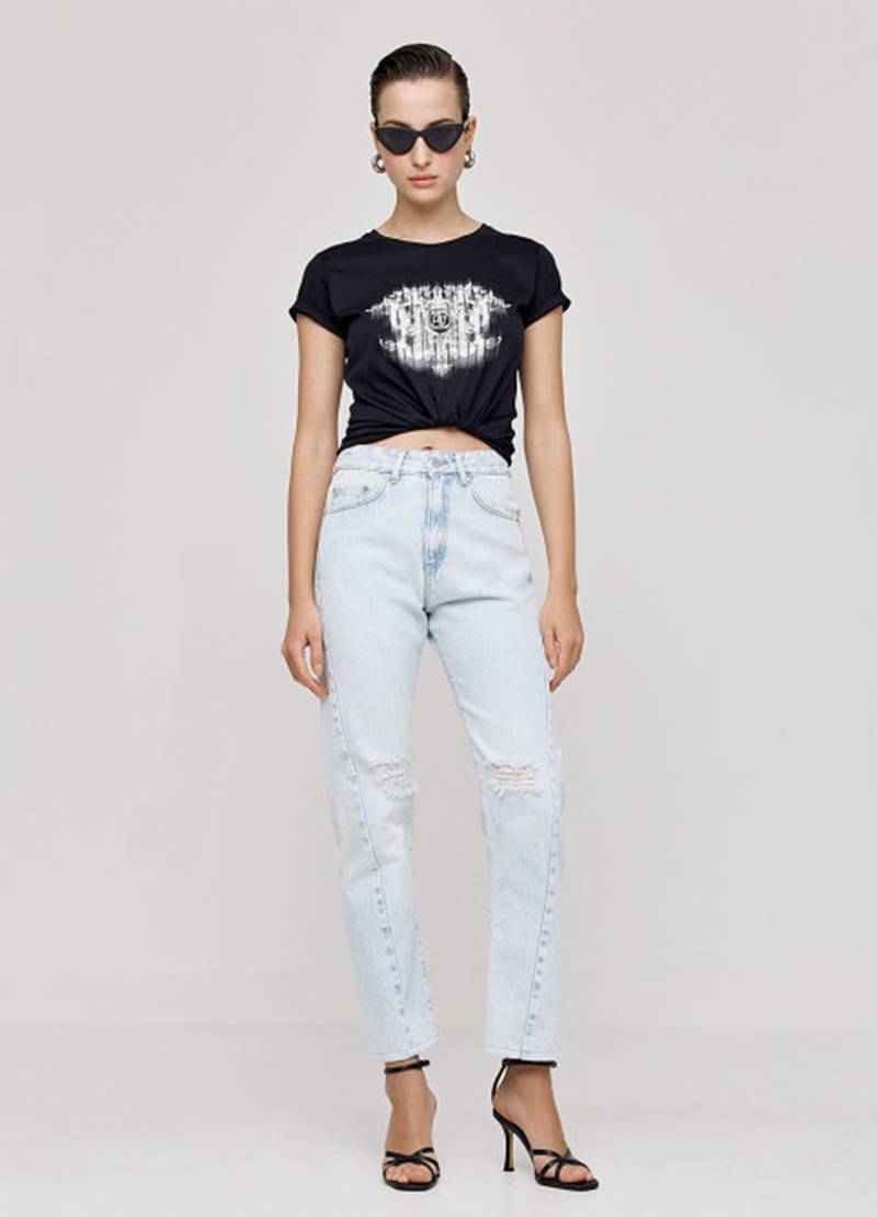 T-shirt with rhinestone embellishments and a print with the ACCESS Fashion logo in black in Copenhagen, Denmark