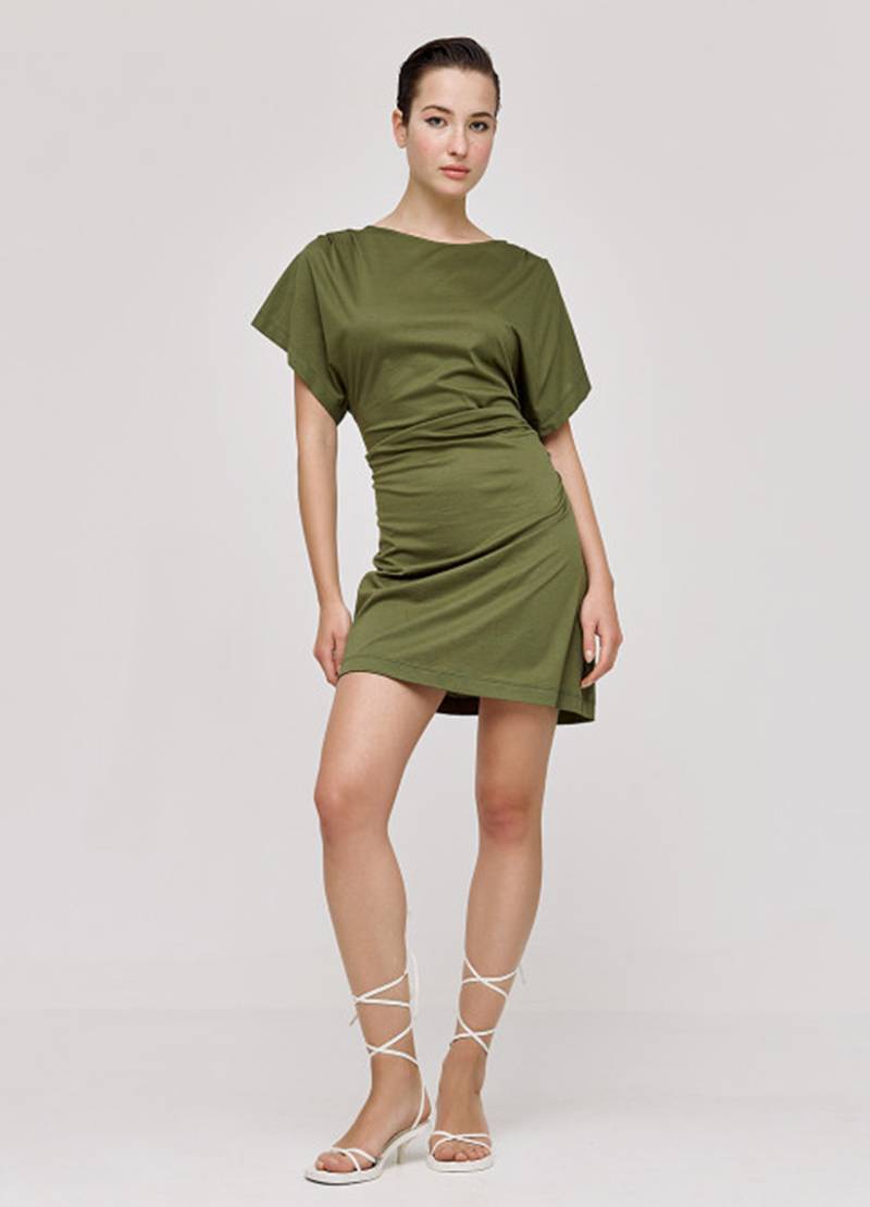 Mini, short-sleeve dress with gathered details in green in Copenhagen, Denmark