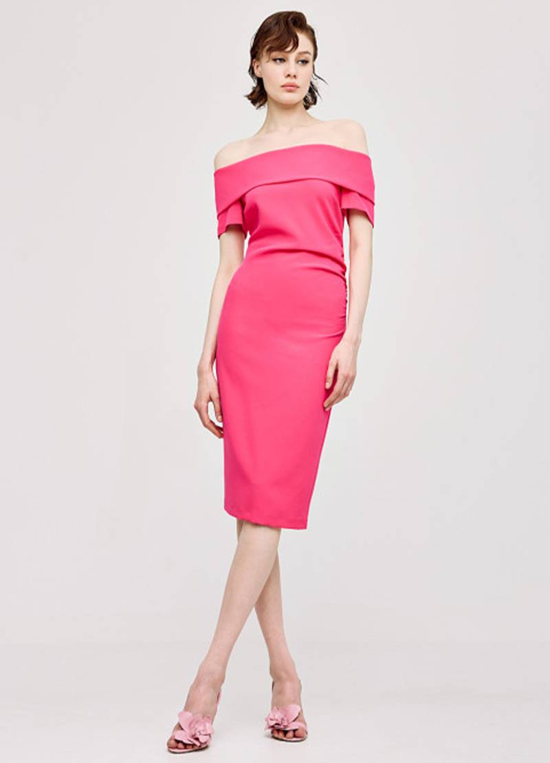 Off-the-shoulder, pencil dress with gatherings in hot pink in Leeds in the United Kingdom