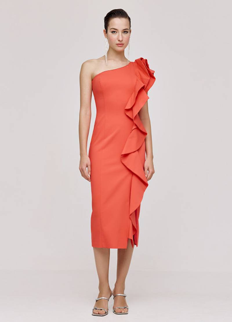 Midi, one-shoulder dress with ruffle details in coral in Copenhagen in Denmark
