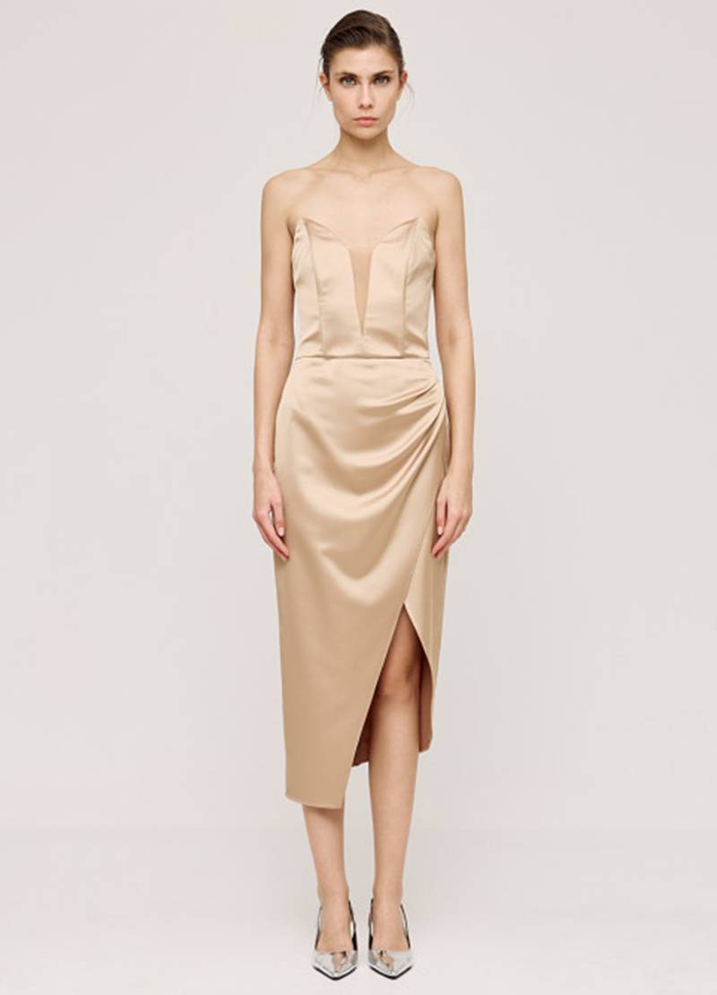 Satin, strapless dress with a mesh detail on the bust in gold in Luxembourg 