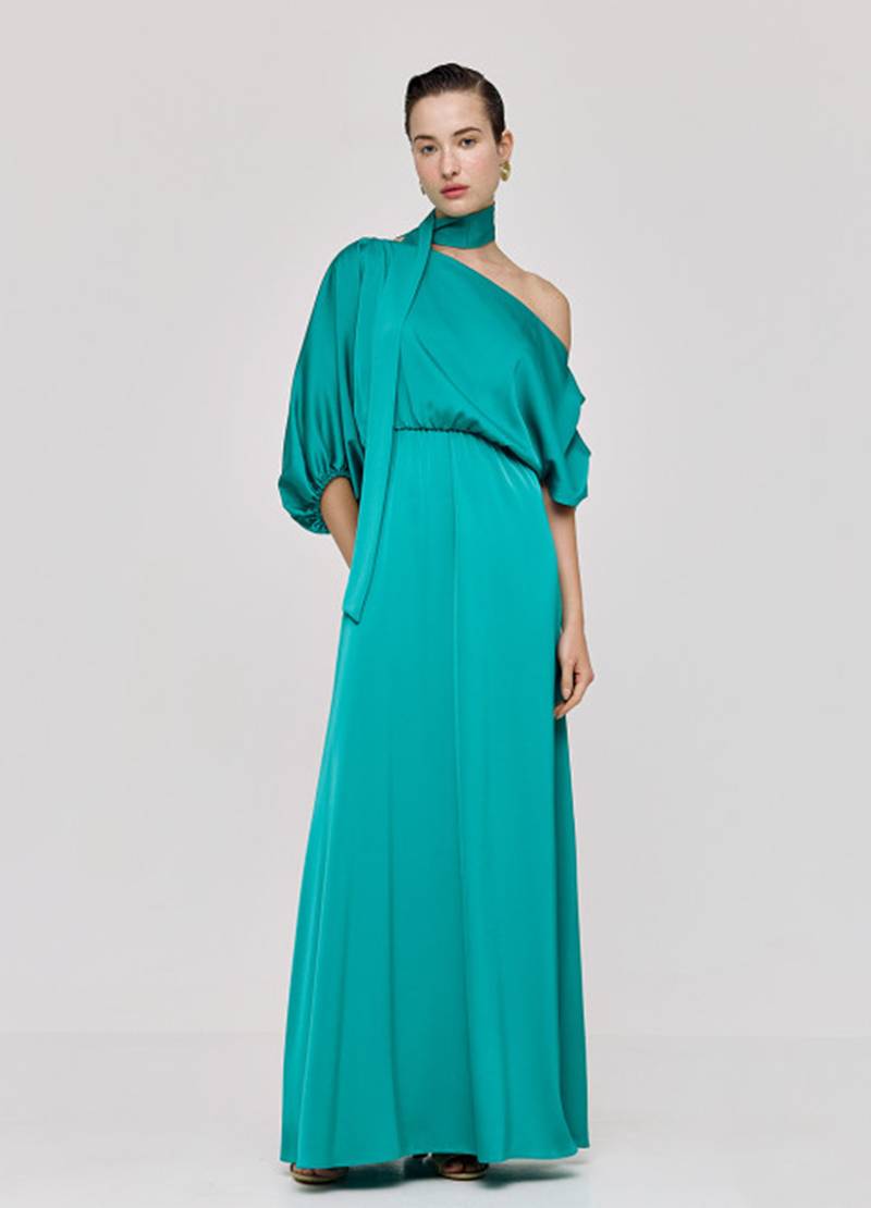 Satin, maxi dress with asymmetric sleeves and elastic waist in blue in Cardiff, Wales