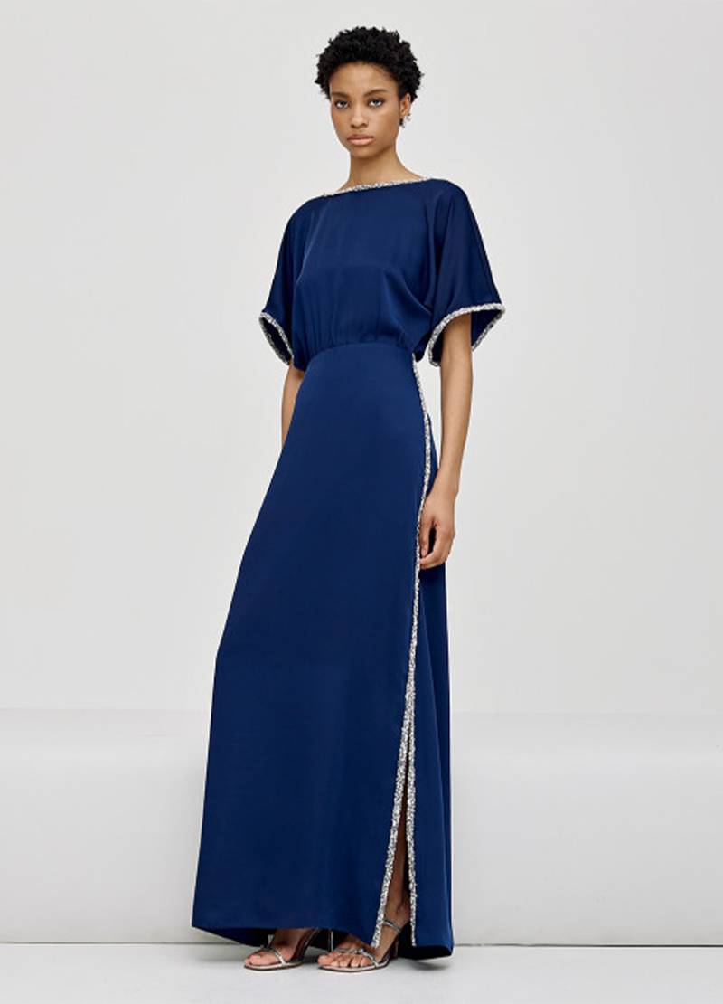 Maxi, satin dress with a wrap back, rhinestone and sequin details in navy blue in Luxembourg