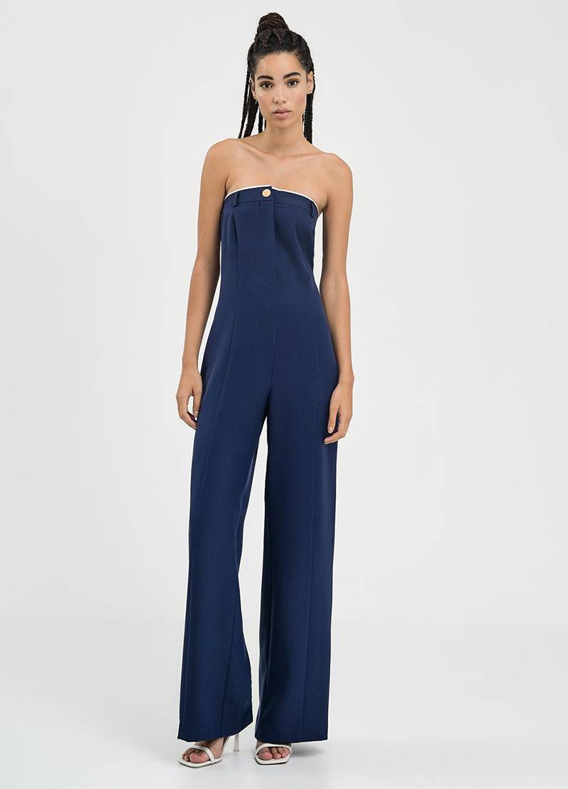 Strapless jumpsuit with flare hemlines in blue in Birmingham near Bristol