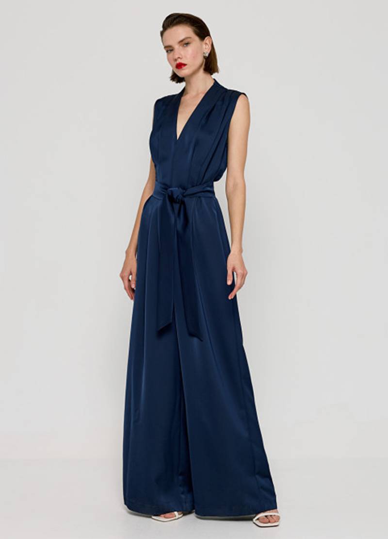 Satin jumpsuit with pleats at the front in blue in Copenhagen, Denmark