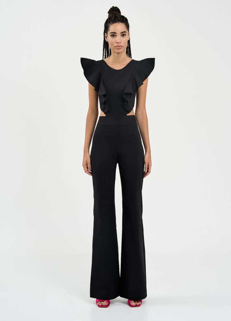 Sleeveless jumpsuit with ruffle details and cut-out waist in black in Cardiff, Wales