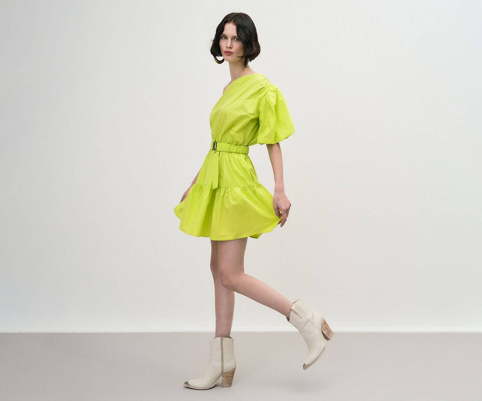 Shop Off Shoulder Ruffle Dress in Lime in Birmingham