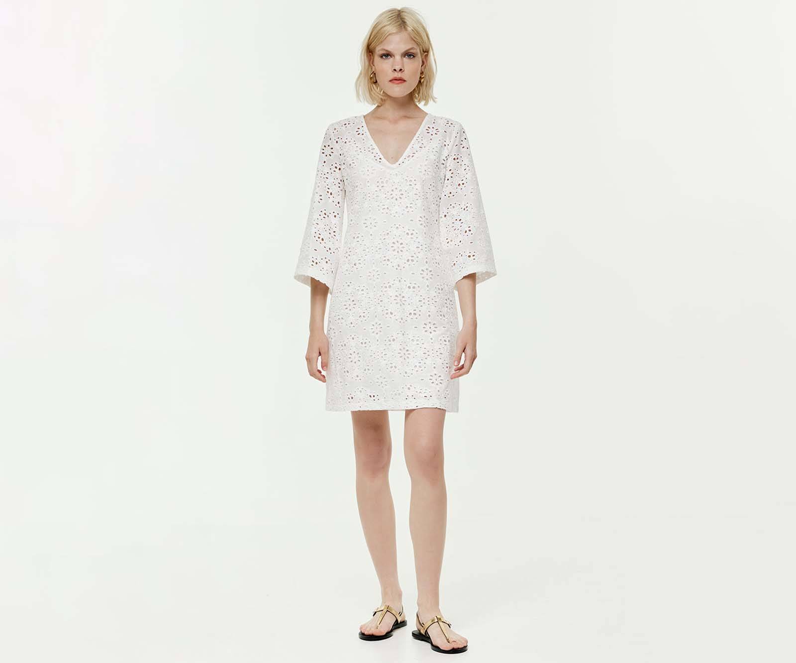 White flowy broderie mini cotton dress with V neckline in Bristol, UK