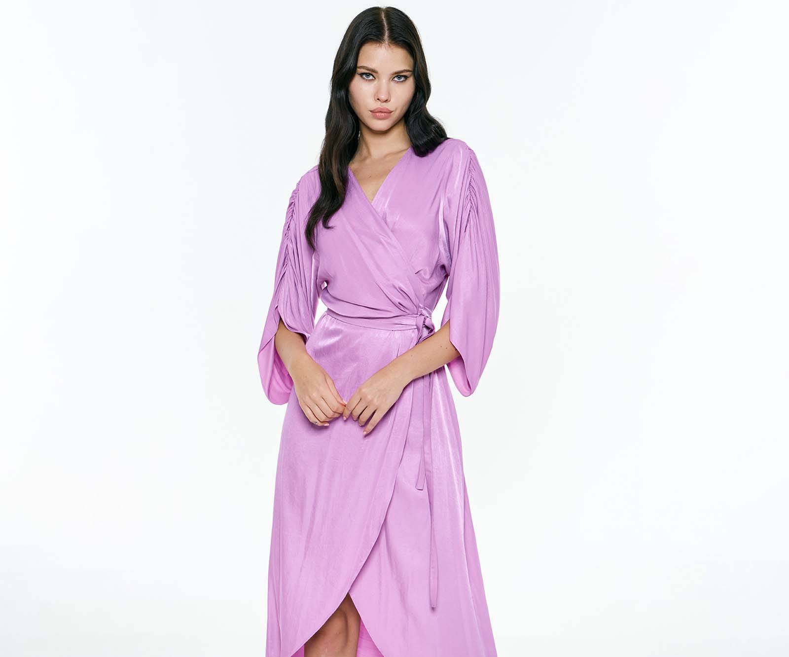 Midi wrap dress with wide gathered sleeves in Copenhagen, Denmark