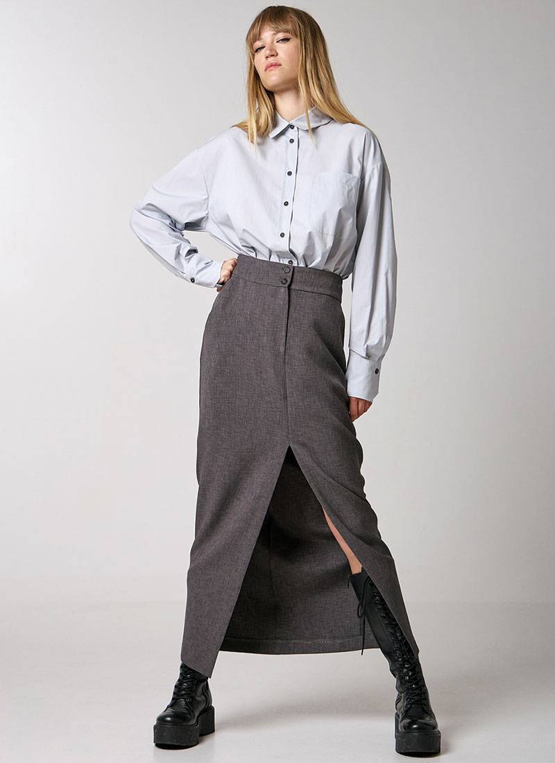 Maxi pencil skirt with a front slit and side pockets in grey in Birmingham, UK