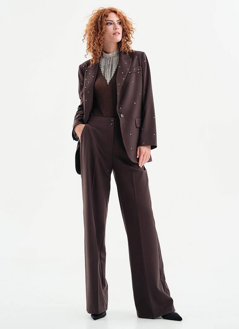 Access Fashion rhinestone-embellished blazer with a lapel collar and flap pockets in brown in London, UK