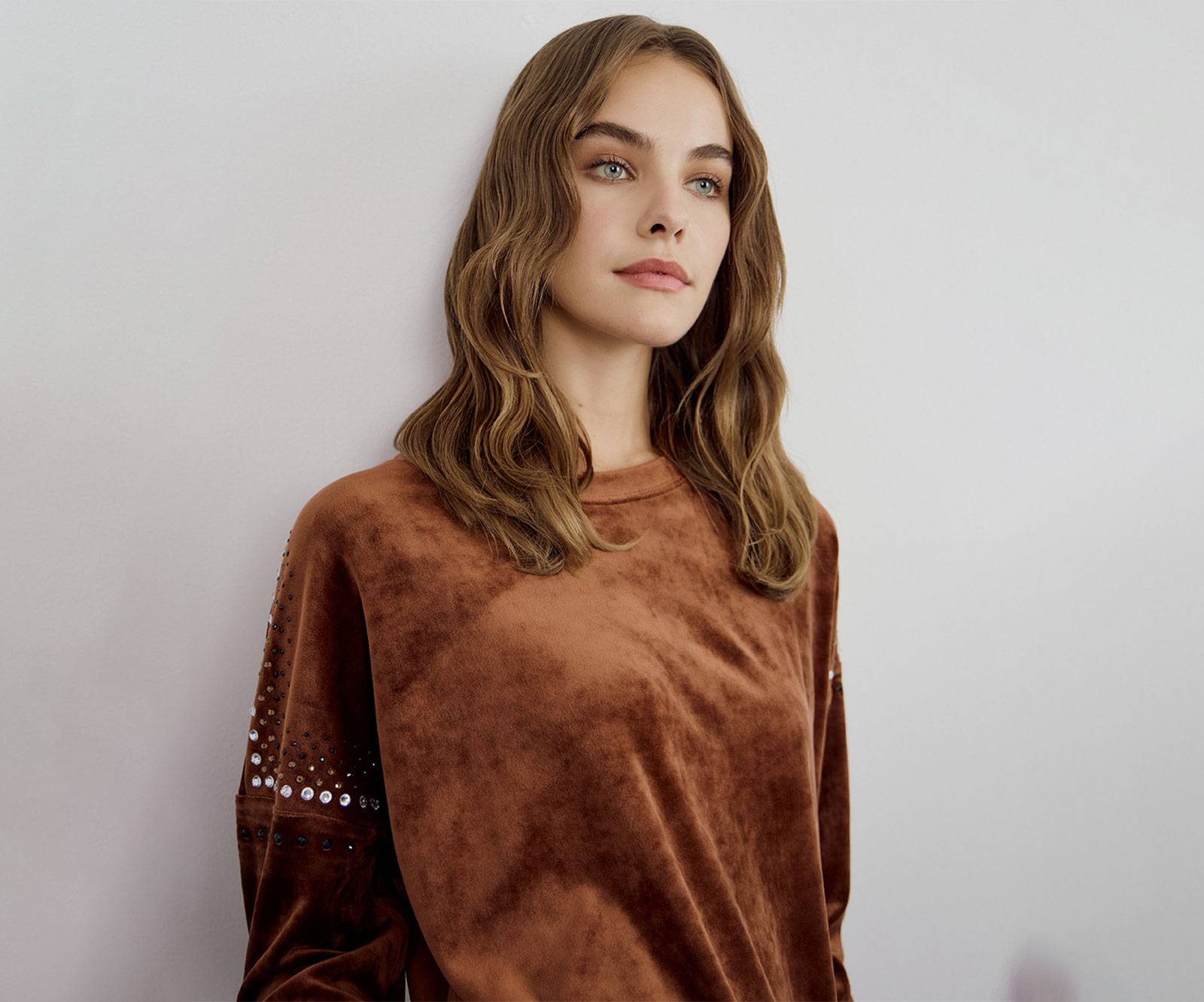 Velvet blouse in oversized fit with rhinestone and stud embellishments in brown in Birmingham near Bristol