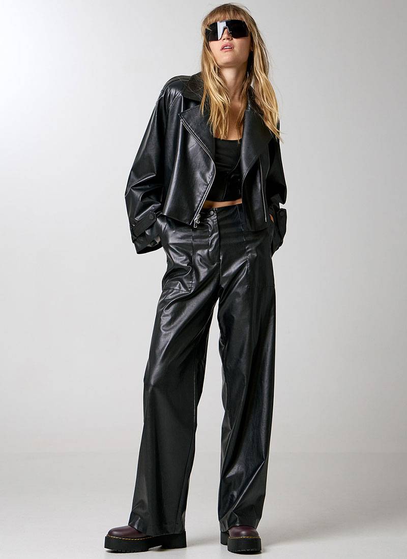 Faux leather effect biker jacket with lapel collar and wide sleeves in black in Brussels, Belgium