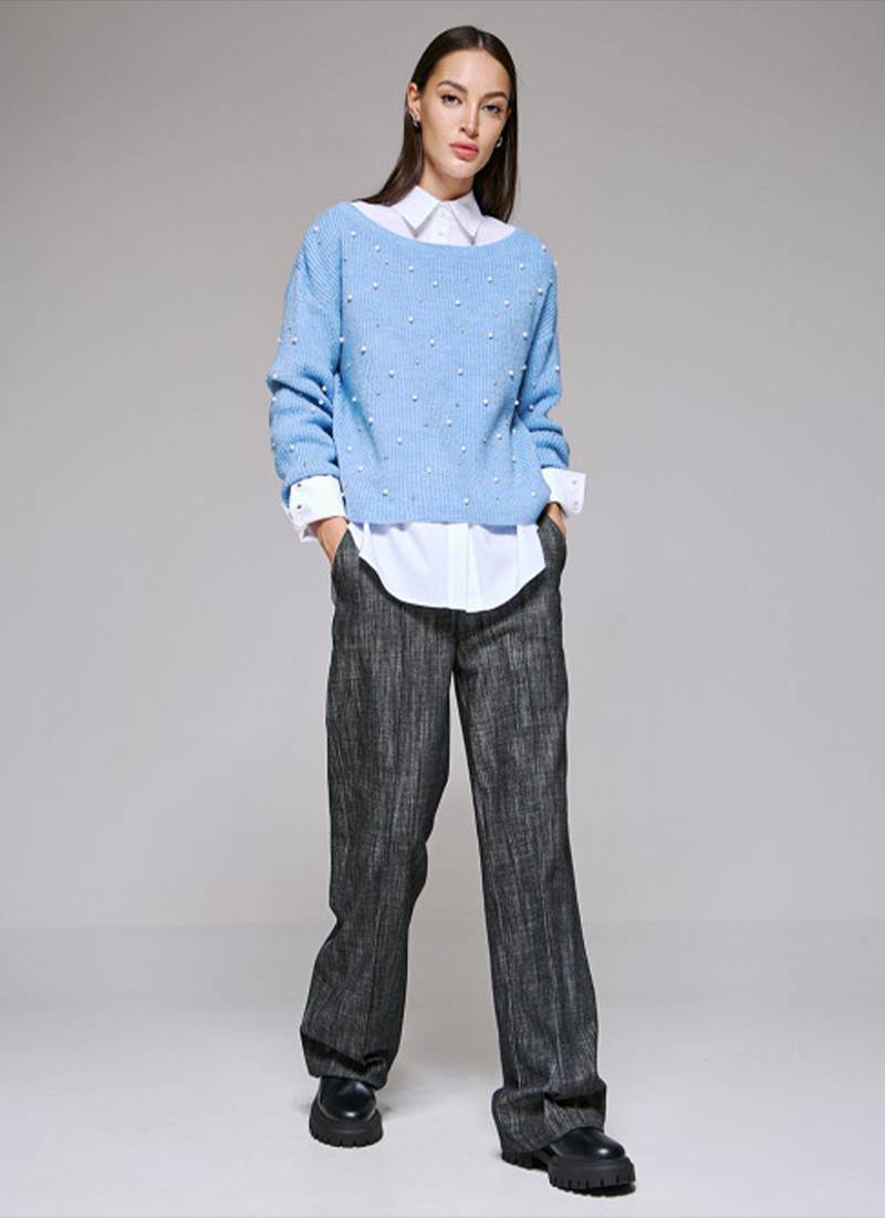 Knitted sweater with rhinestone and pearl embellishments in blue in Leeds, UK