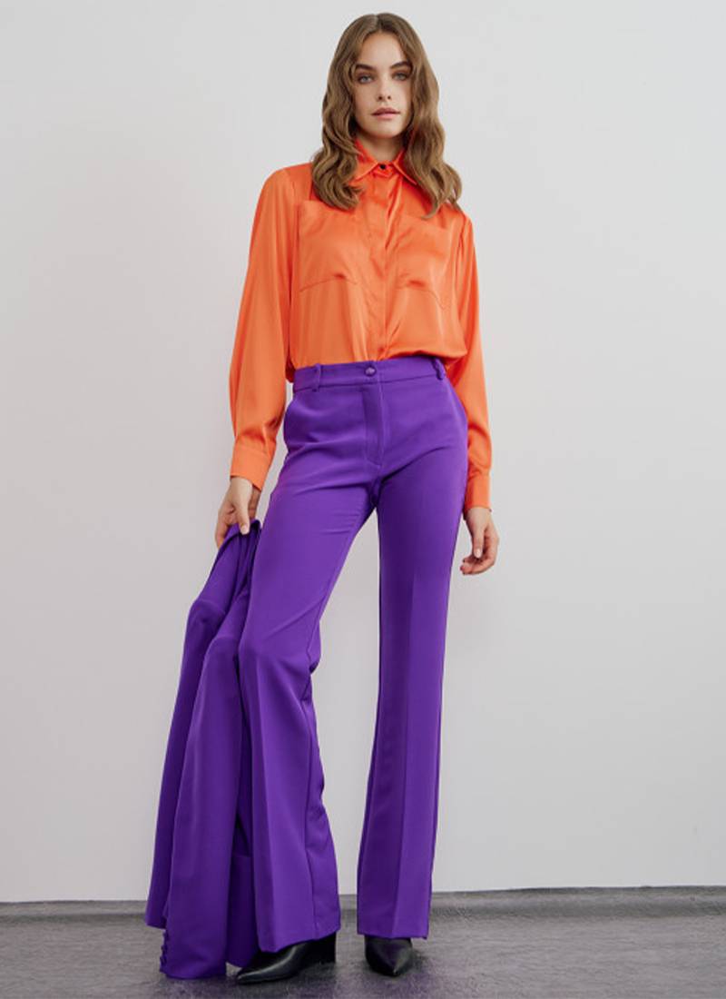 Satin button-up shirt with collar neck and front patch pockets in orange in Birmingham near Bristol