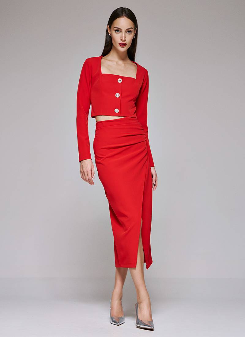 Midi wrap skirt with gathered details on the one side in red in Cardiff, Wales